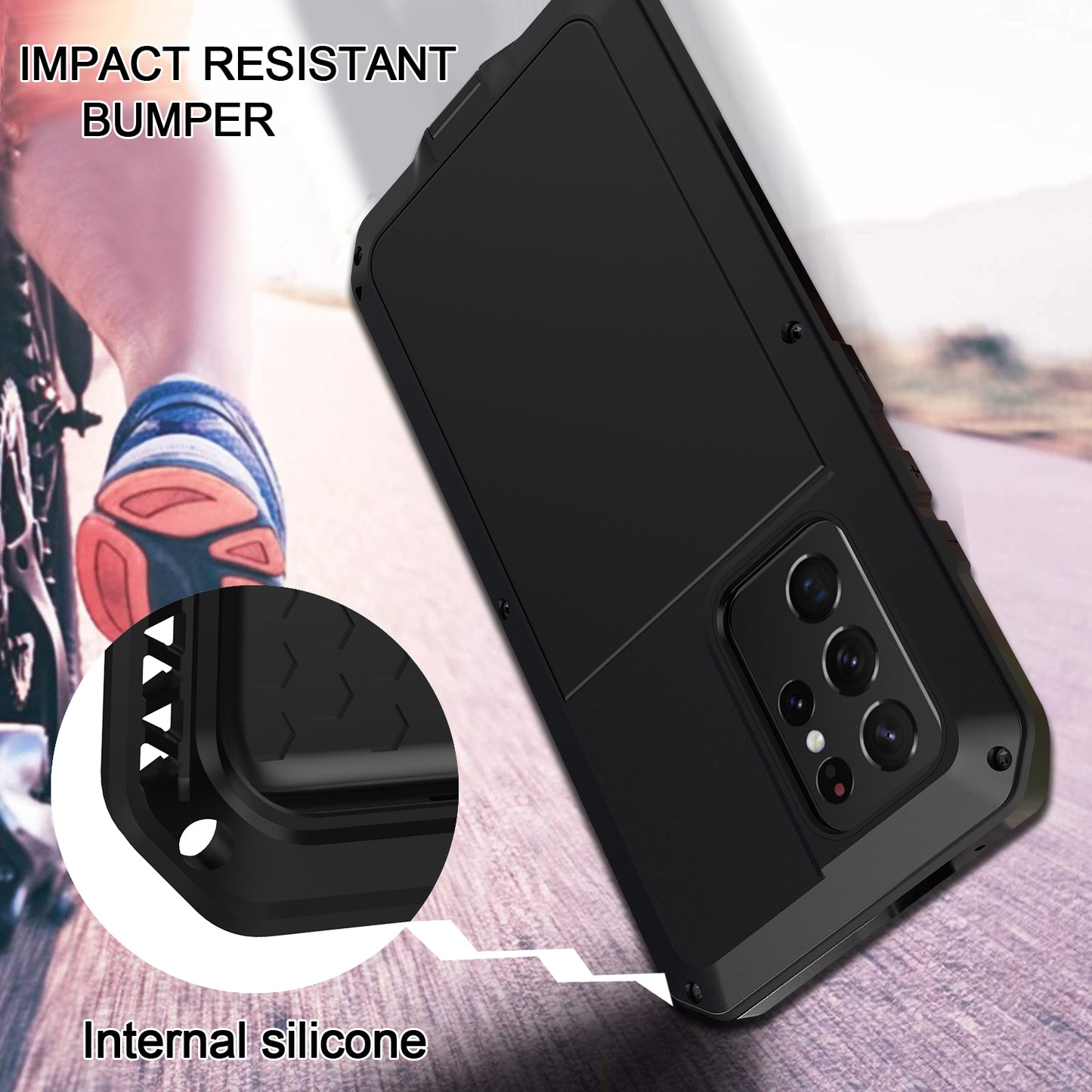 Tank Series Shockproof TPU+Metal Phone Case with Tempered Glass Film for Samsung Galaxy S21 Ultra 5G