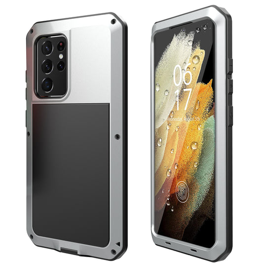 Tank Series Shockproof TPU+Metal Phone Case with Tempered Glass Film for Samsung Galaxy S21 Ultra 5G