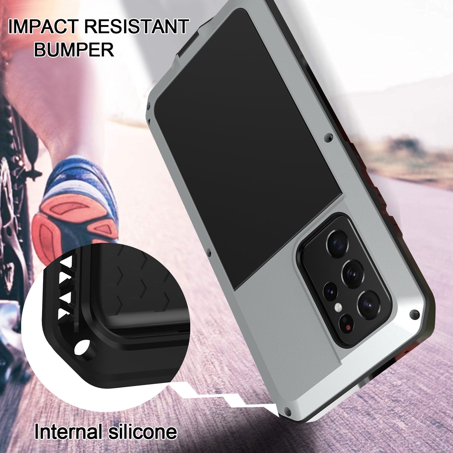 Tank Series Shockproof TPU+Metal Phone Case with Tempered Glass Film for Samsung Galaxy S21 Ultra 5G