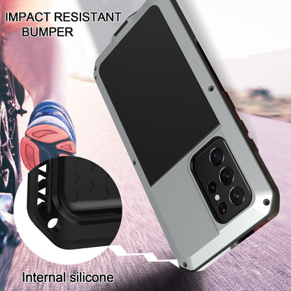 Tank Series Shockproof TPU+Metal Phone Case with Tempered Glass Film for Samsung Galaxy S21 Ultra 5G