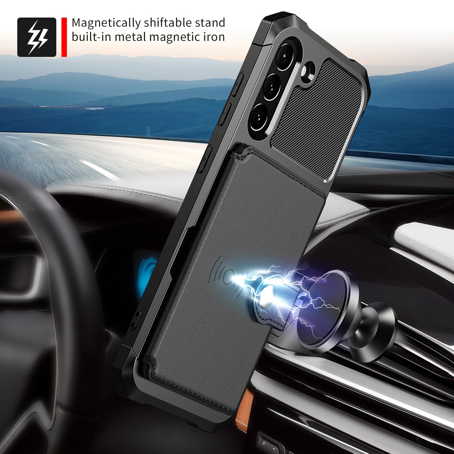 Kickstand PU Leather Coated TPU Protector Cover with Card Holder [Built-in Magnetic Sheet] ZM03 for Samsung Galaxy S21 FE