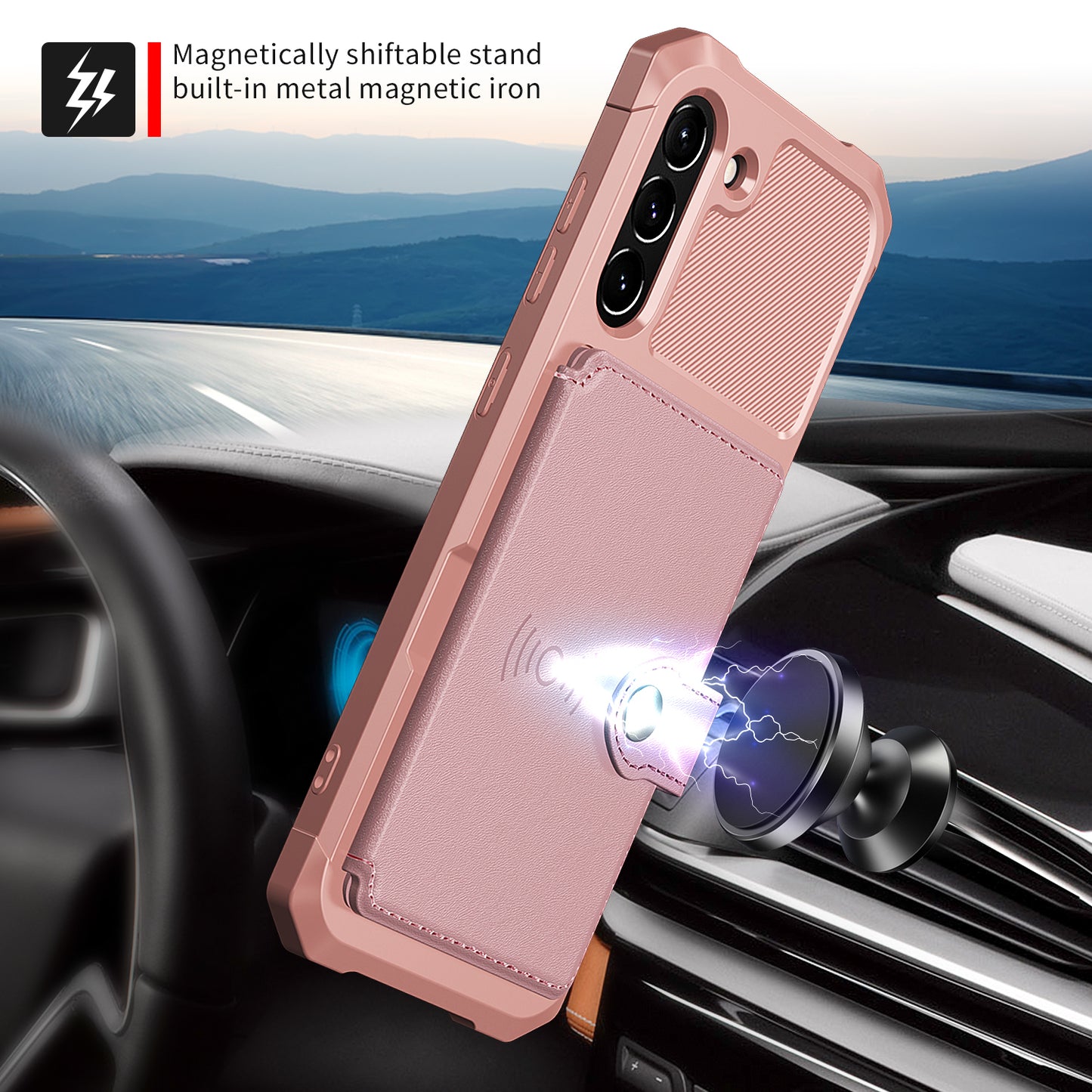 Kickstand PU Leather Coated TPU Protector Cover with Card Holder [Built-in Magnetic Sheet] ZM03 for Samsung Galaxy S21 FE