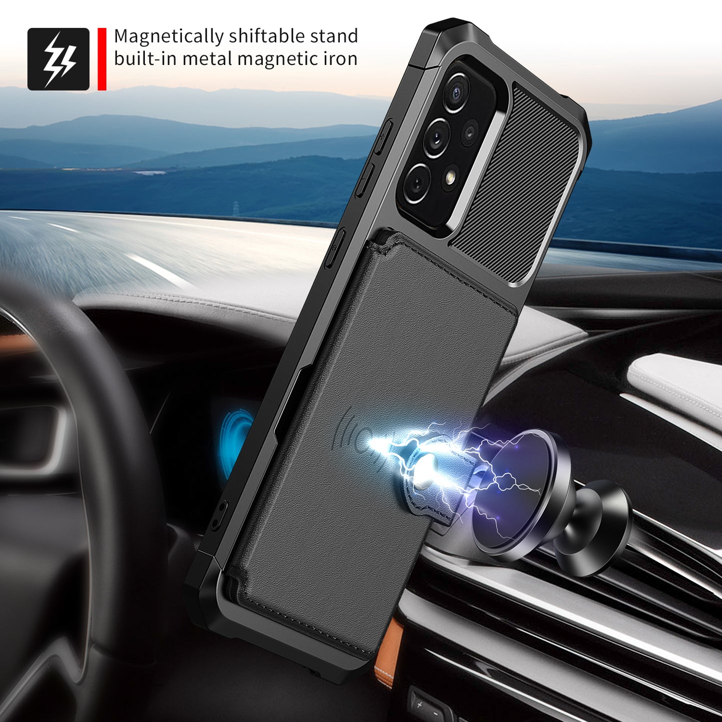 Leather Coated TPU Protector Cover with Kickstand and Card Holder [Built-in Magnetic Sheet] ZM03 for Samsung Galaxy A52 4G/5G / A52s 5G