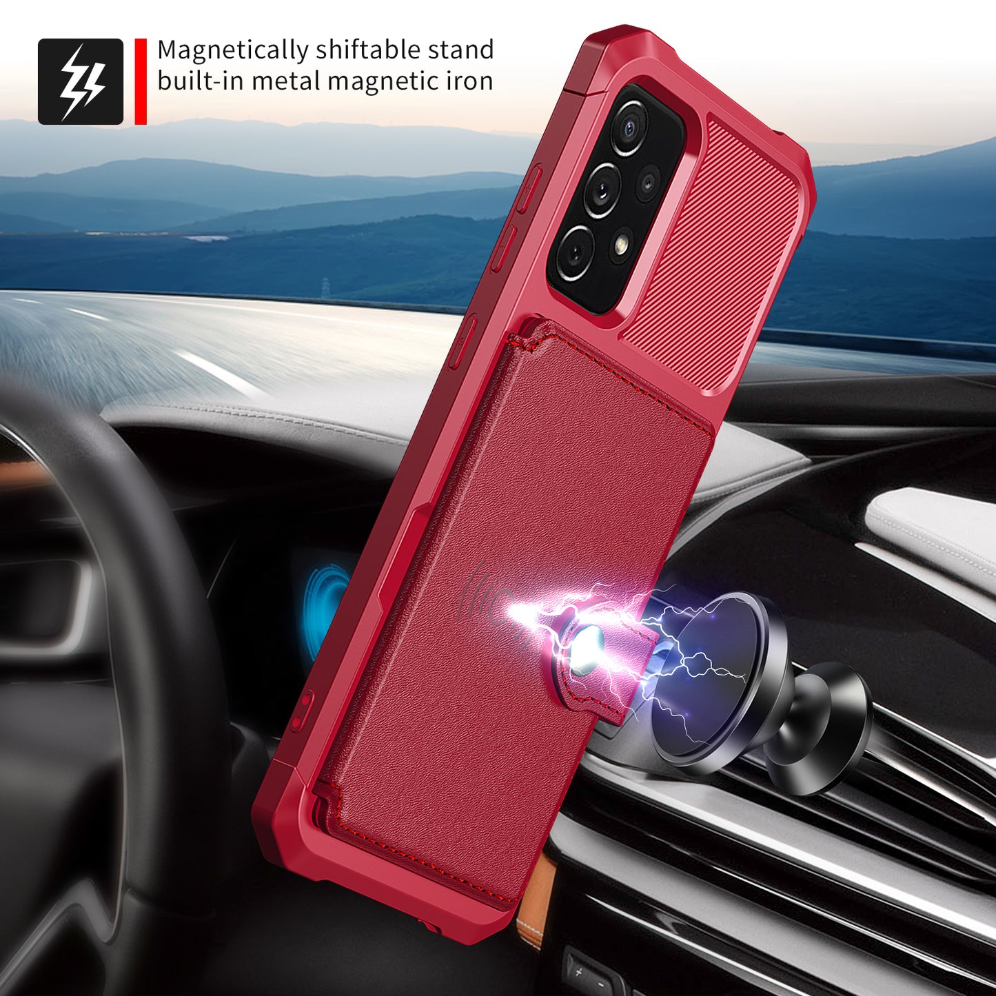 Leather Coated TPU Protector Cover with Kickstand and Card Holder [Built-in Magnetic Sheet] ZM03 for Samsung Galaxy A52 4G/5G / A52s 5G
