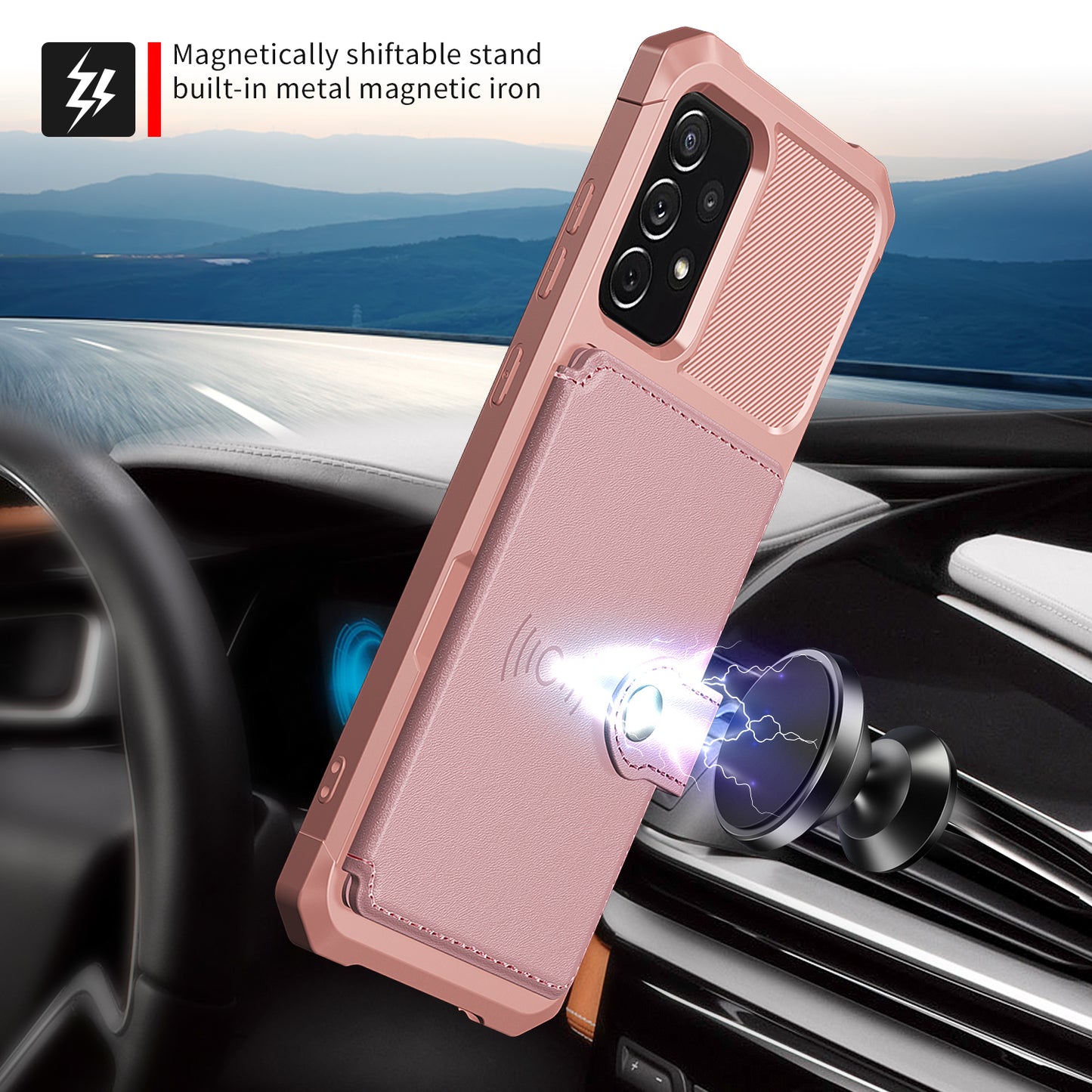 Leather Coated TPU Protector Cover with Kickstand and Card Holder [Built-in Magnetic Sheet] ZM03 for Samsung Galaxy A52 4G/5G / A52s 5G