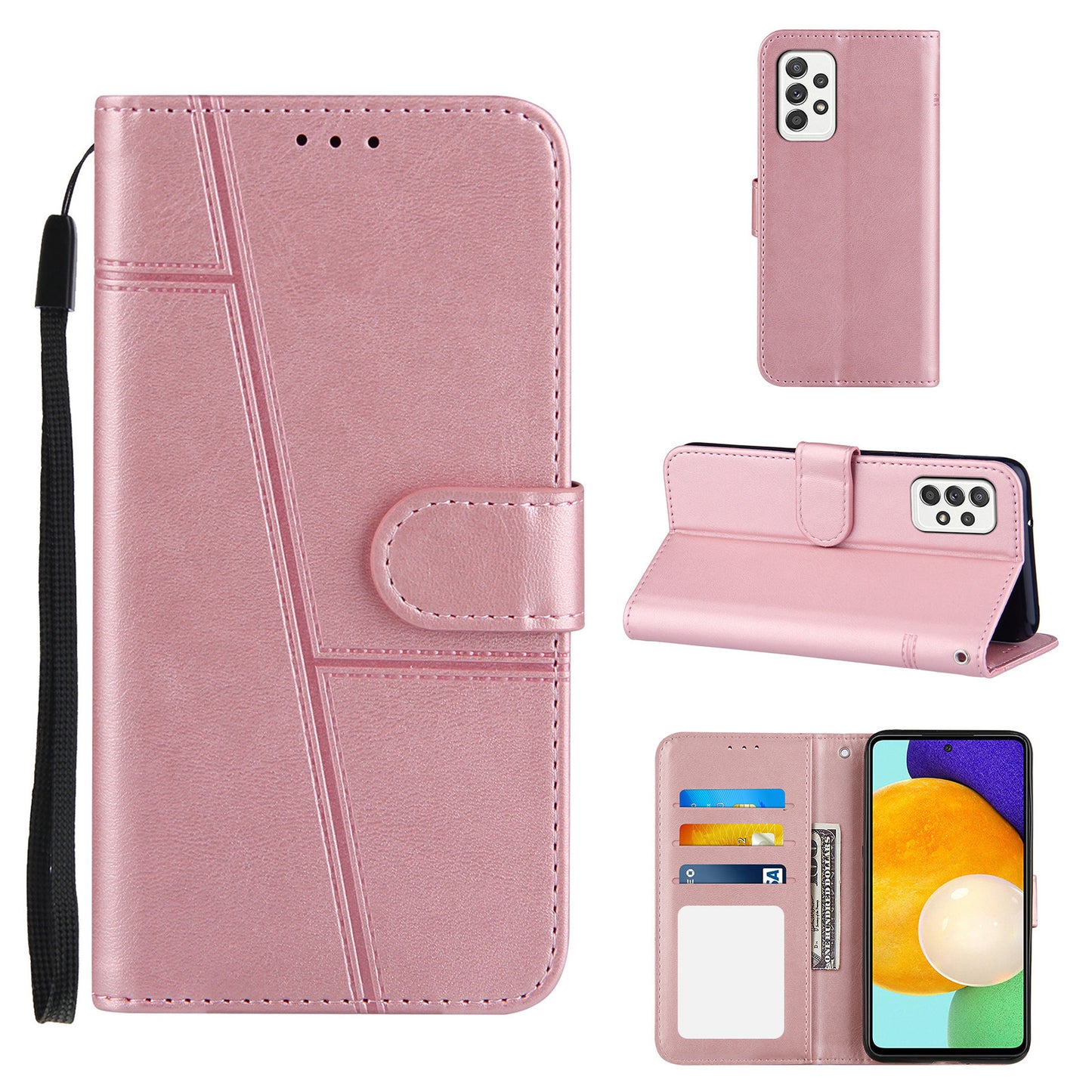 Concise Splicing Leather Phone Cover Stand Case with Wallet and Strap for Samsung Galaxy A52 4G/5G / A52s 5G