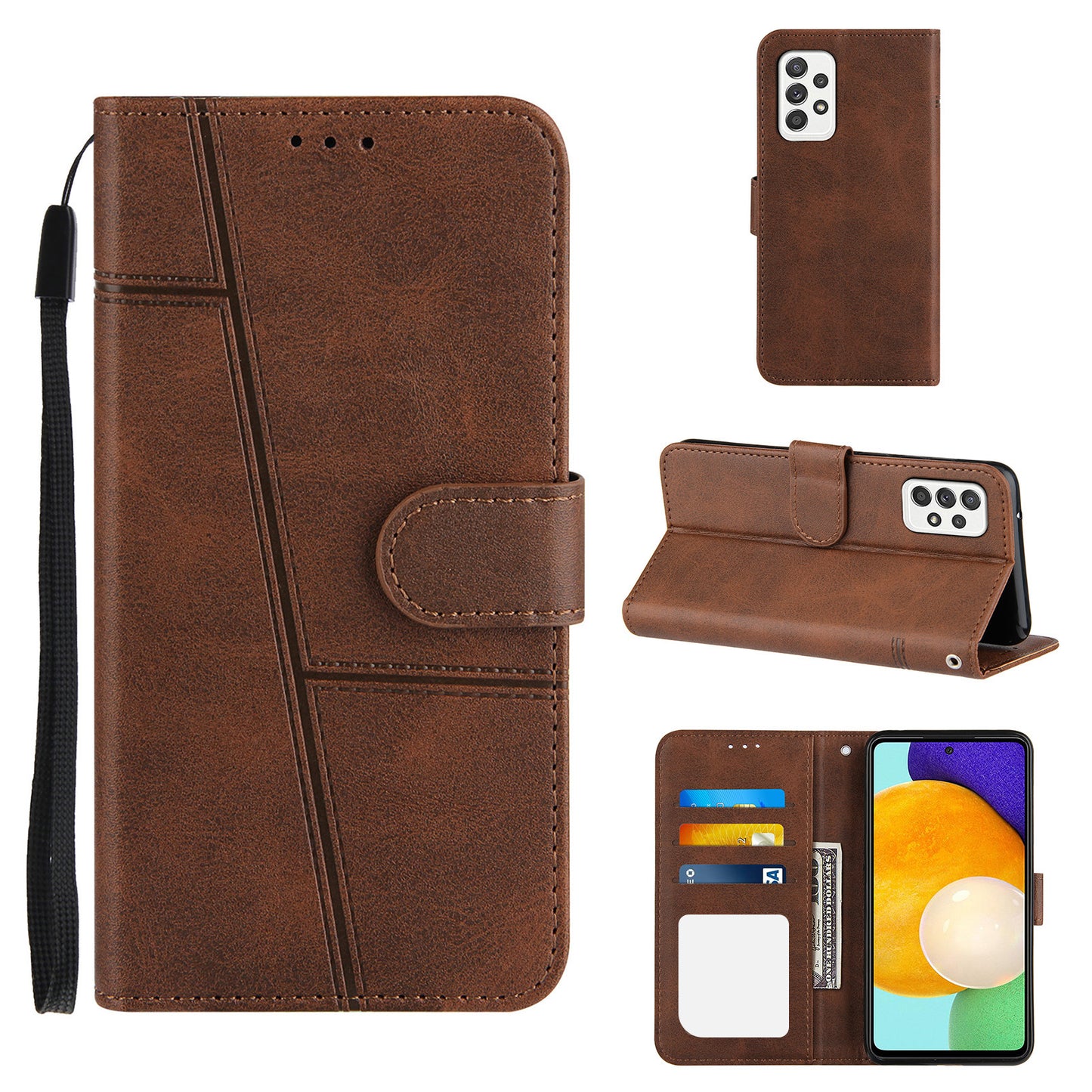 Concise Splicing Leather Phone Cover Stand Case with Wallet and Strap for Samsung Galaxy A52 4G/5G / A52s 5G