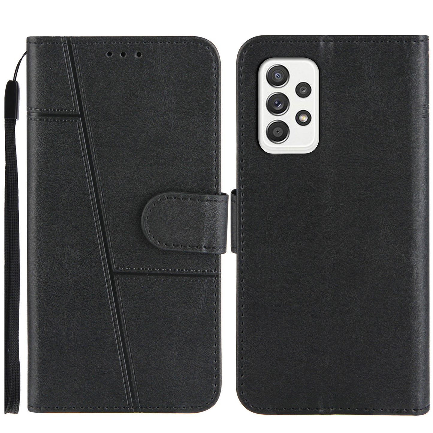 Concise Splicing Leather Phone Cover Stand Case with Wallet and Strap for Samsung Galaxy A52 4G/5G / A52s 5G