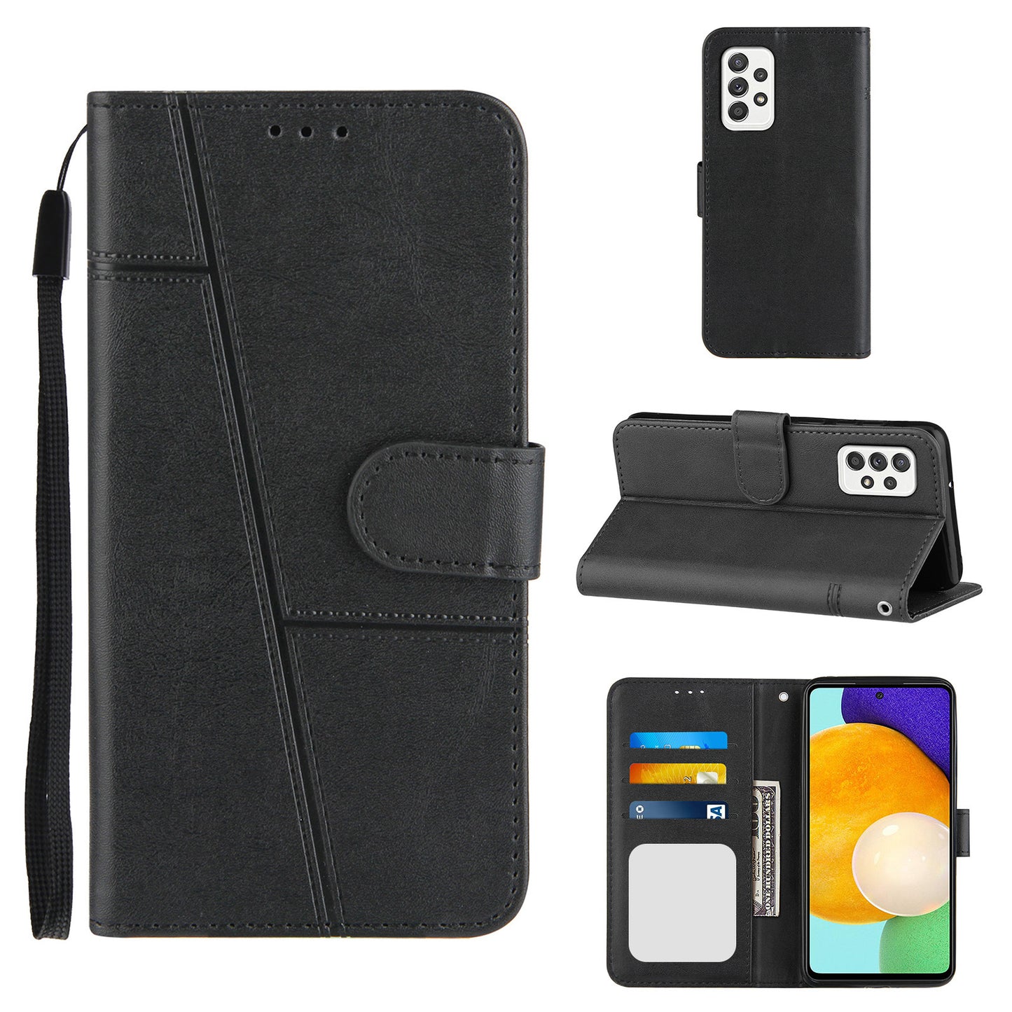 Concise Splicing Leather Phone Cover Stand Case with Wallet and Strap for Samsung Galaxy A52 4G/5G / A52s 5G