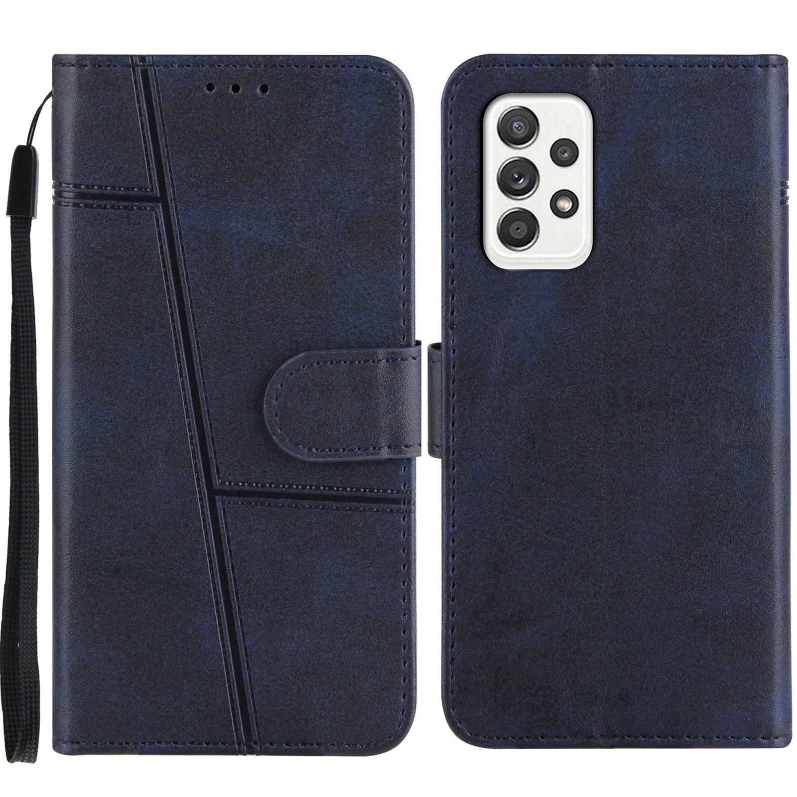 Concise Splicing Leather Phone Cover Stand Case with Wallet and Strap for Samsung Galaxy A52 4G/5G / A52s 5G