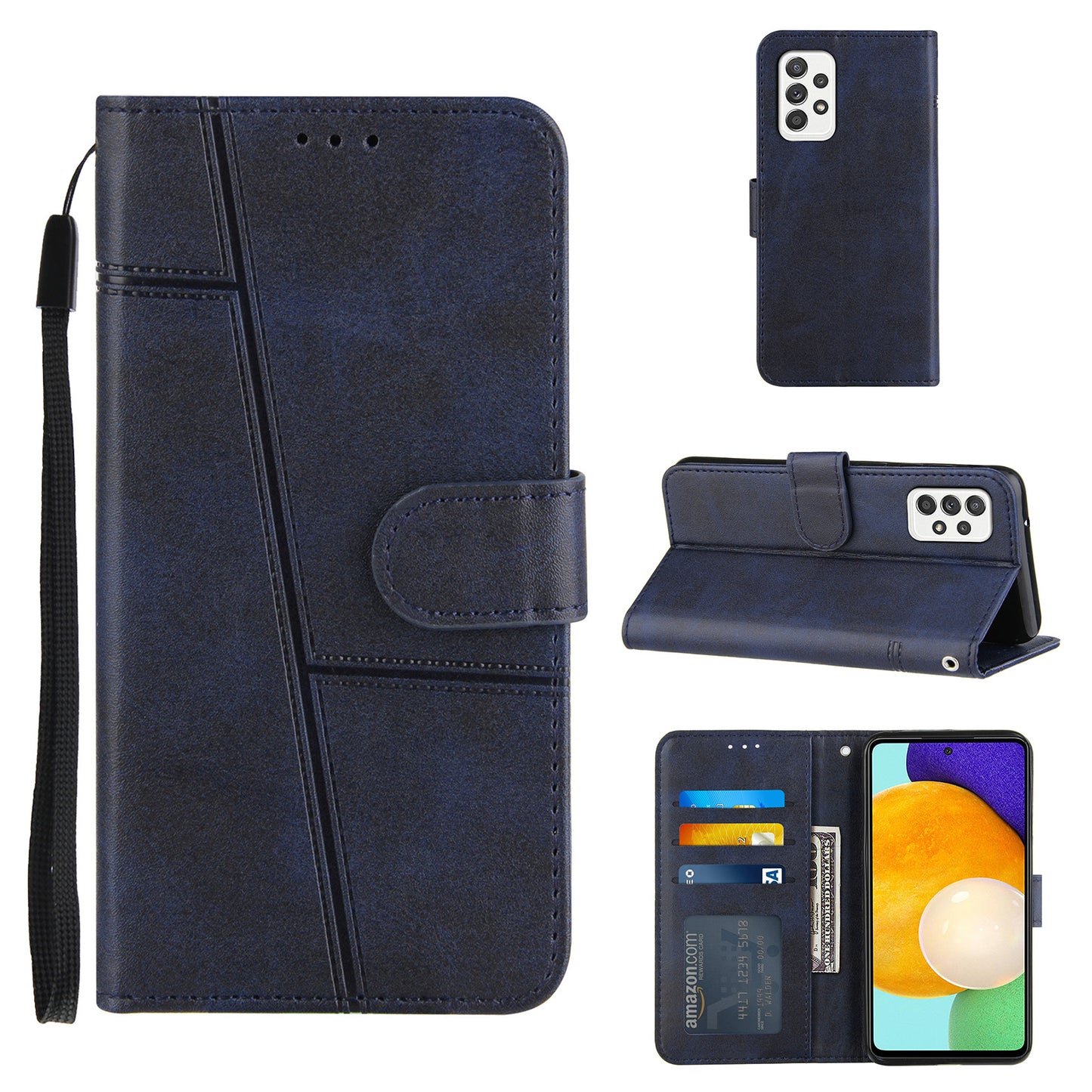 Concise Splicing Leather Phone Cover Stand Case with Wallet and Strap for Samsung Galaxy A52 4G/5G / A52s 5G
