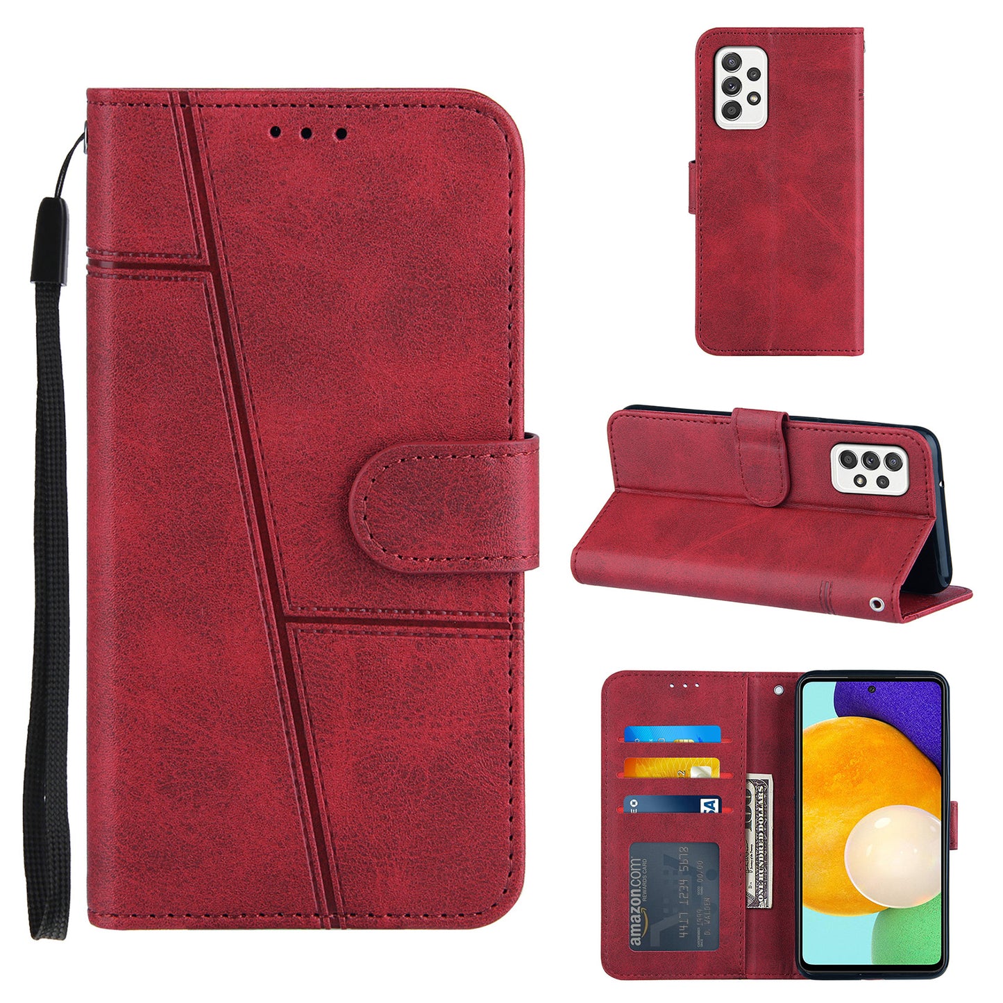 Concise Splicing Leather Phone Cover Stand Case with Wallet and Strap for Samsung Galaxy A52 4G/5G / A52s 5G