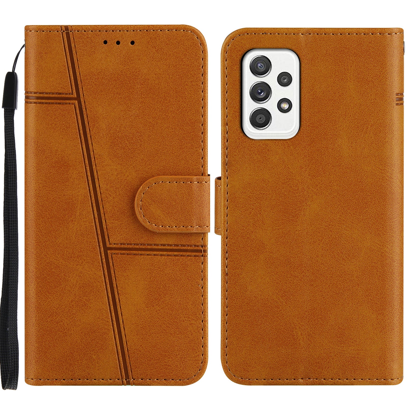 Concise Splicing Leather Phone Cover Stand Case with Wallet and Strap for Samsung Galaxy A52 4G/5G / A52s 5G