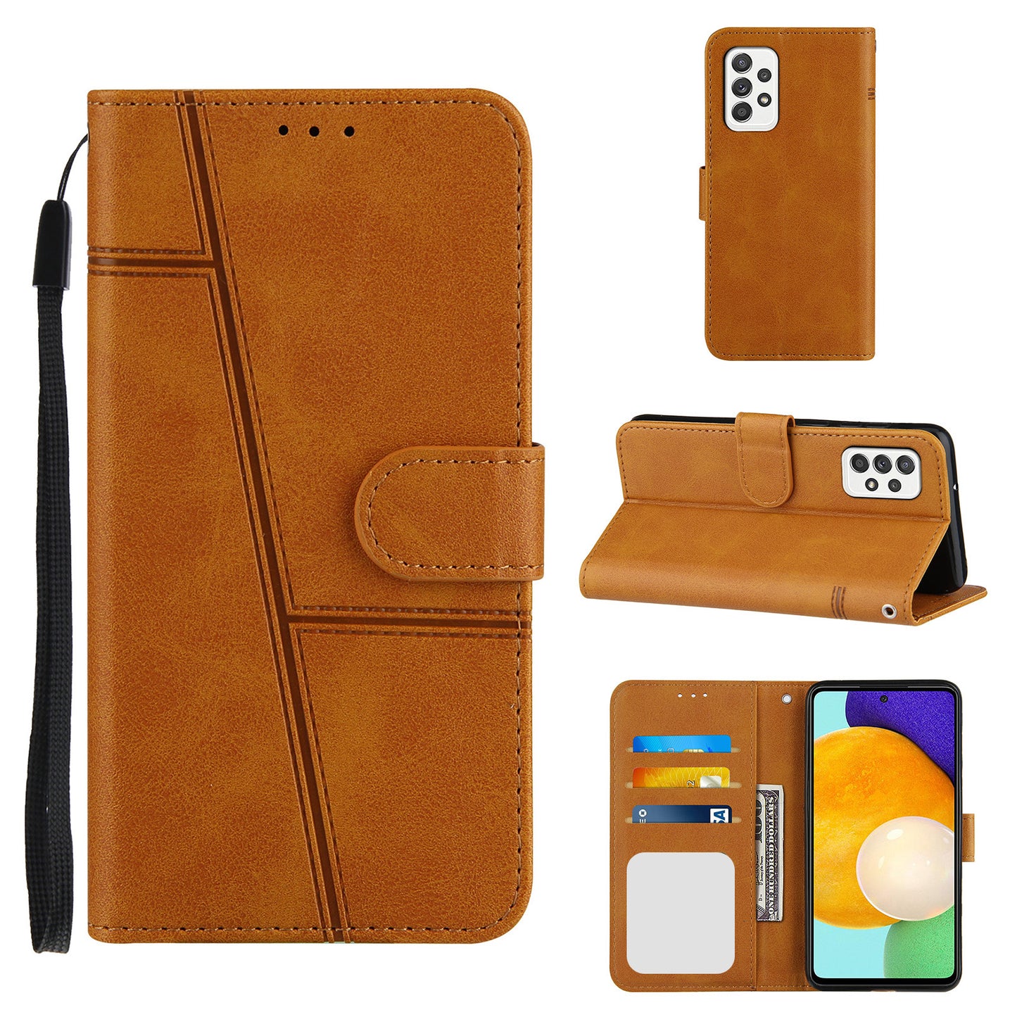 Concise Splicing Leather Phone Cover Stand Case with Wallet and Strap for Samsung Galaxy A52 4G/5G / A52s 5G