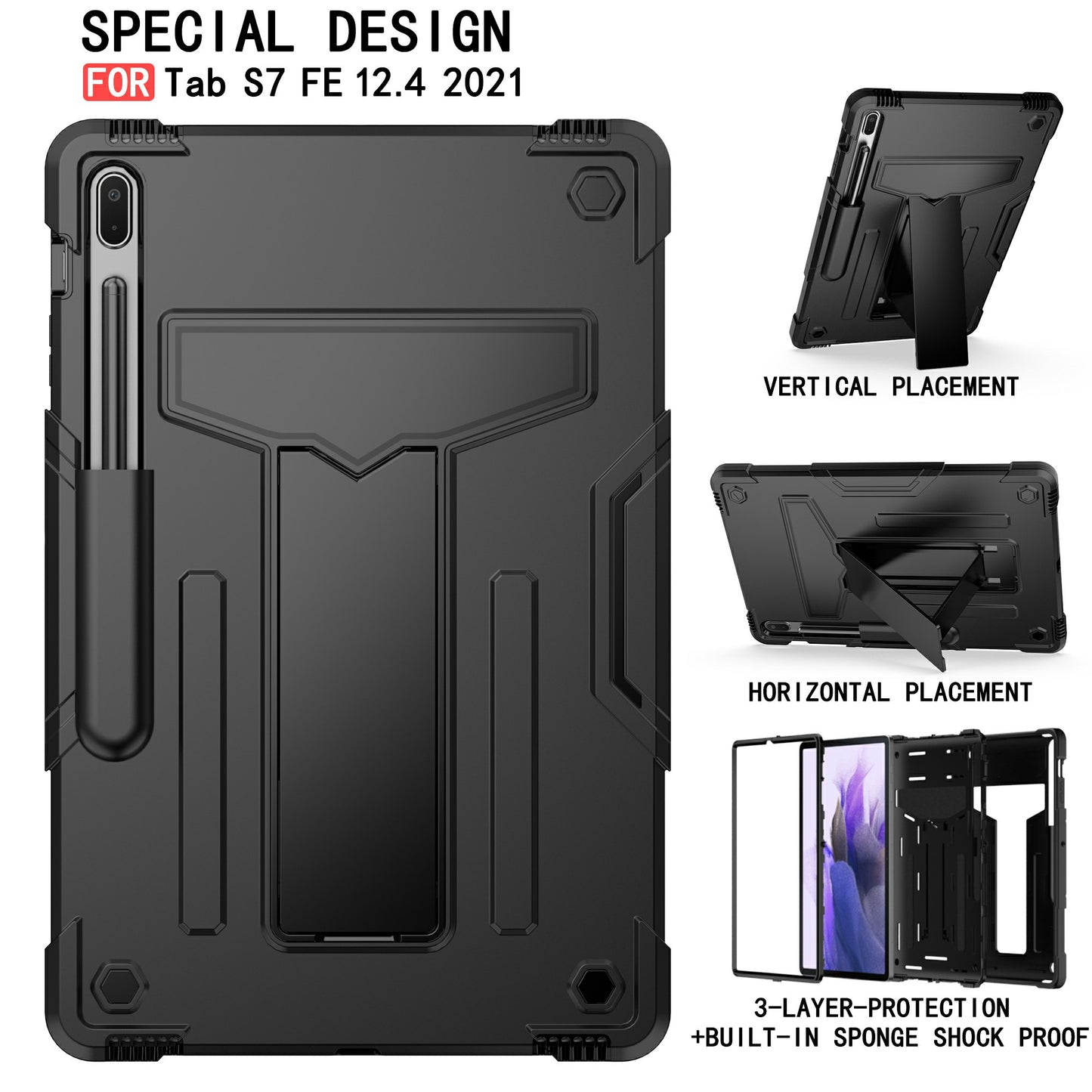 Foldable T-shaped Kickstand PC Silicone Shock-Proof Cover Protector for Samsung Galaxy Tab S7 FE