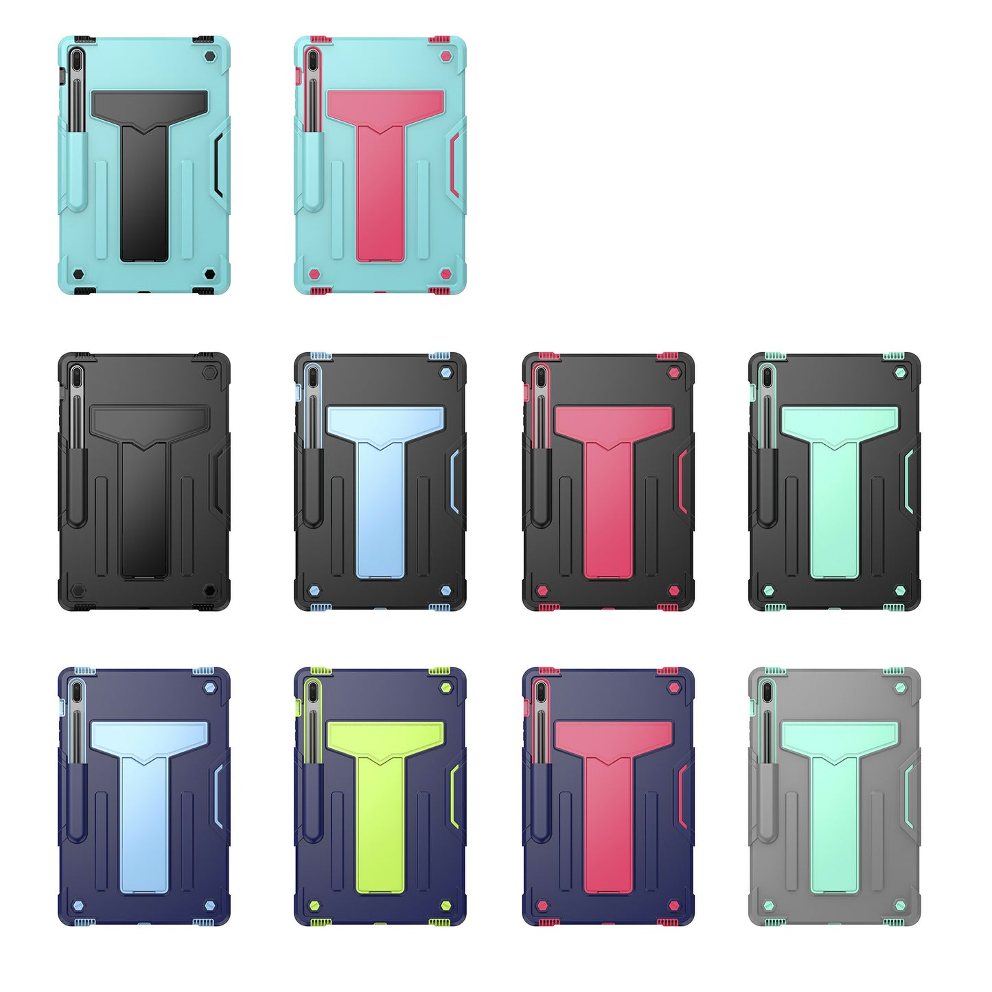 Foldable T-shaped Kickstand PC Silicone Shock-Proof Cover Protector for Samsung Galaxy Tab S7 FE