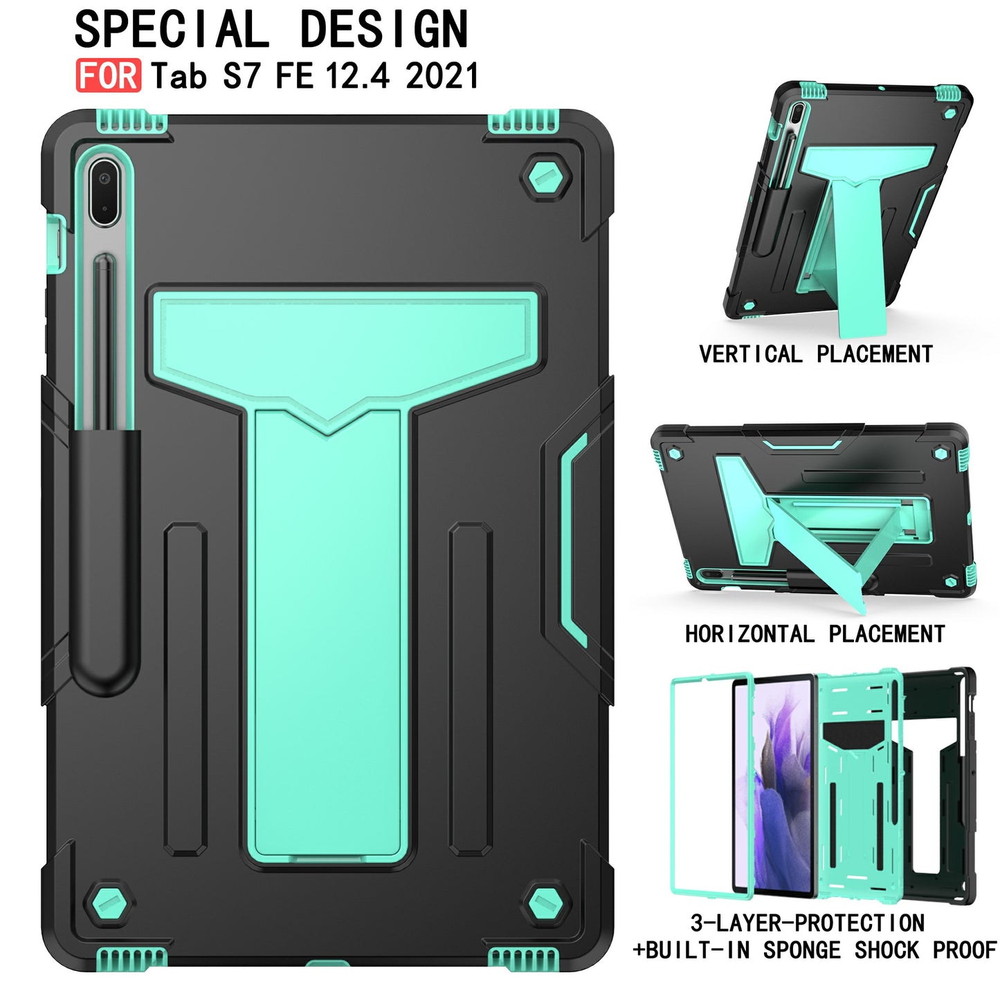 Foldable T-shaped Kickstand PC Silicone Shock-Proof Cover Protector for Samsung Galaxy Tab S7 FE