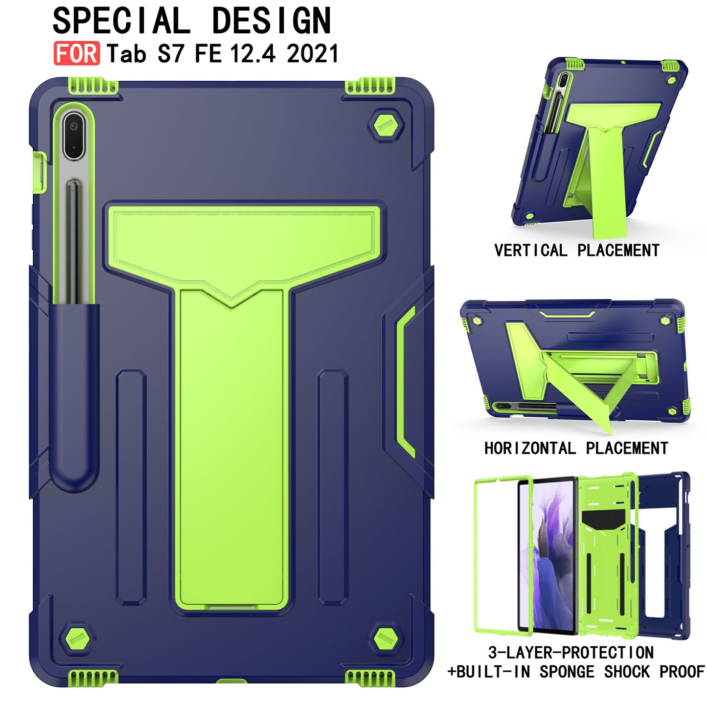 Foldable T-shaped Kickstand PC Silicone Shock-Proof Cover Protector for Samsung Galaxy Tab S7 FE