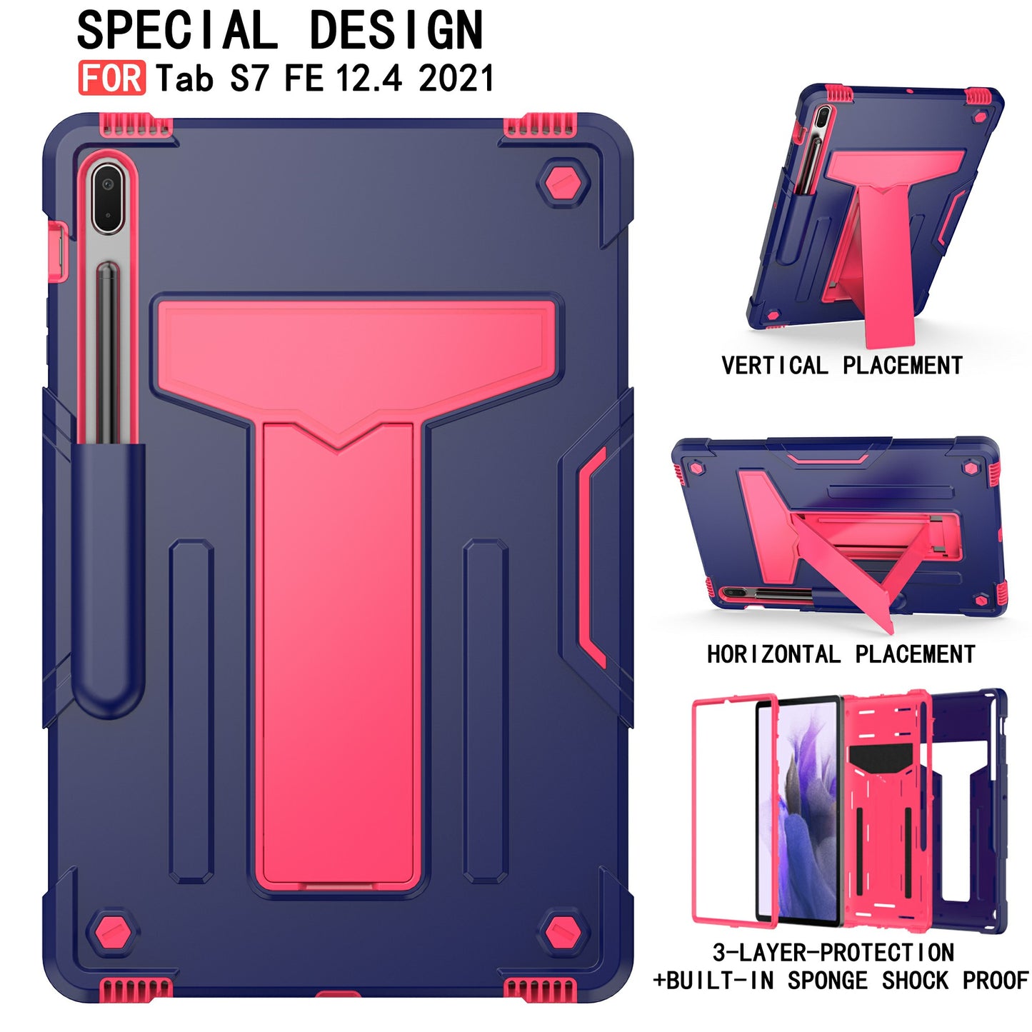 Foldable T-shaped Kickstand PC Silicone Shock-Proof Cover Protector for Samsung Galaxy Tab S7 FE