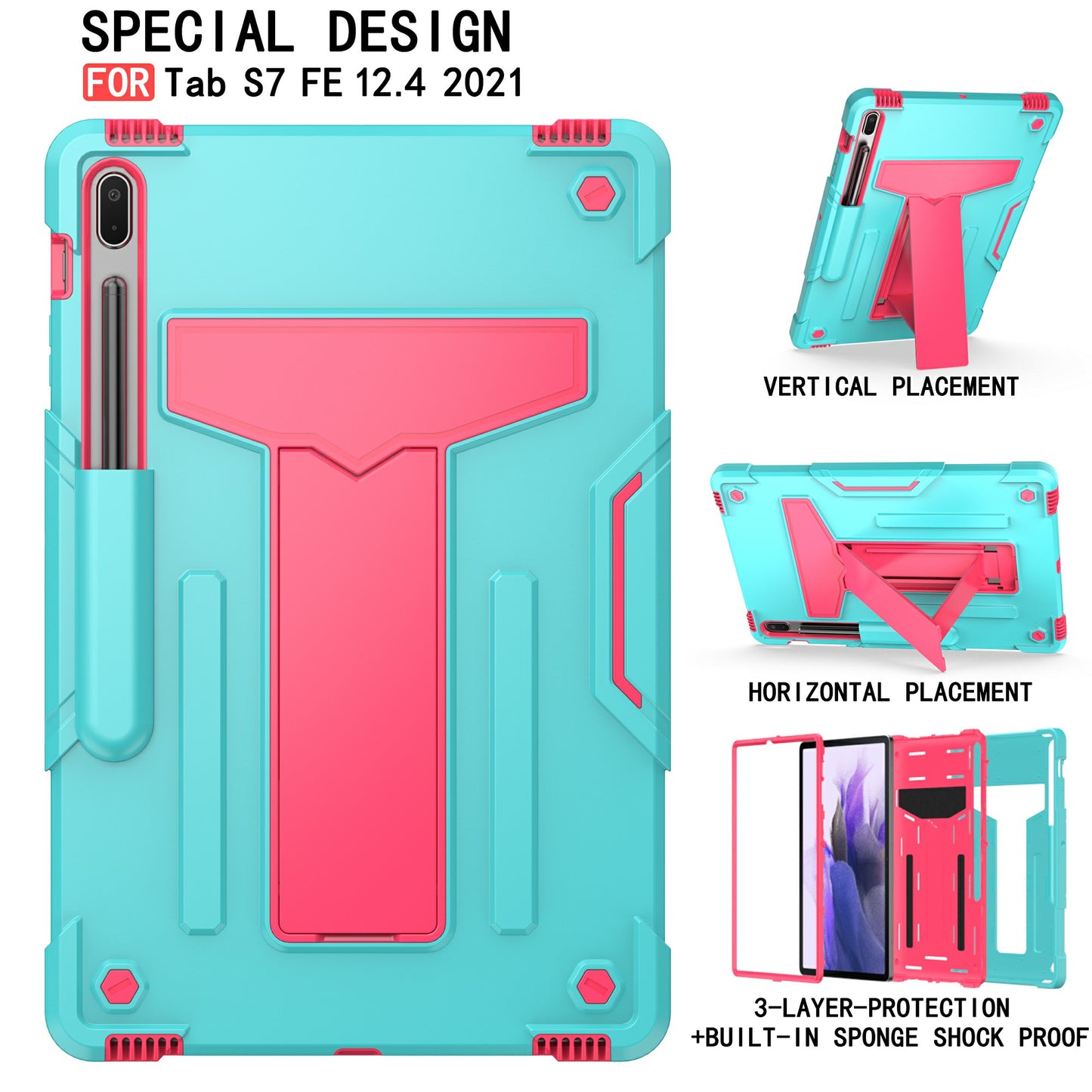 Foldable T-shaped Kickstand PC Silicone Shock-Proof Cover Protector for Samsung Galaxy Tab S7 FE