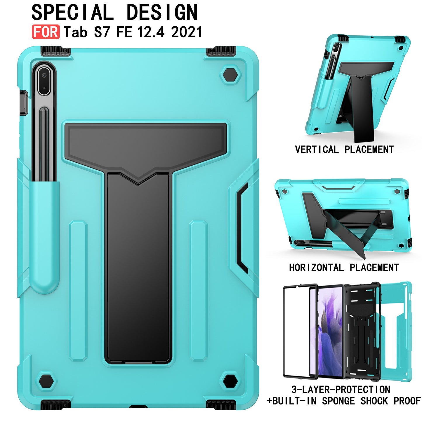 Foldable T-shaped Kickstand PC Silicone Shock-Proof Cover Protector for Samsung Galaxy Tab S7 FE