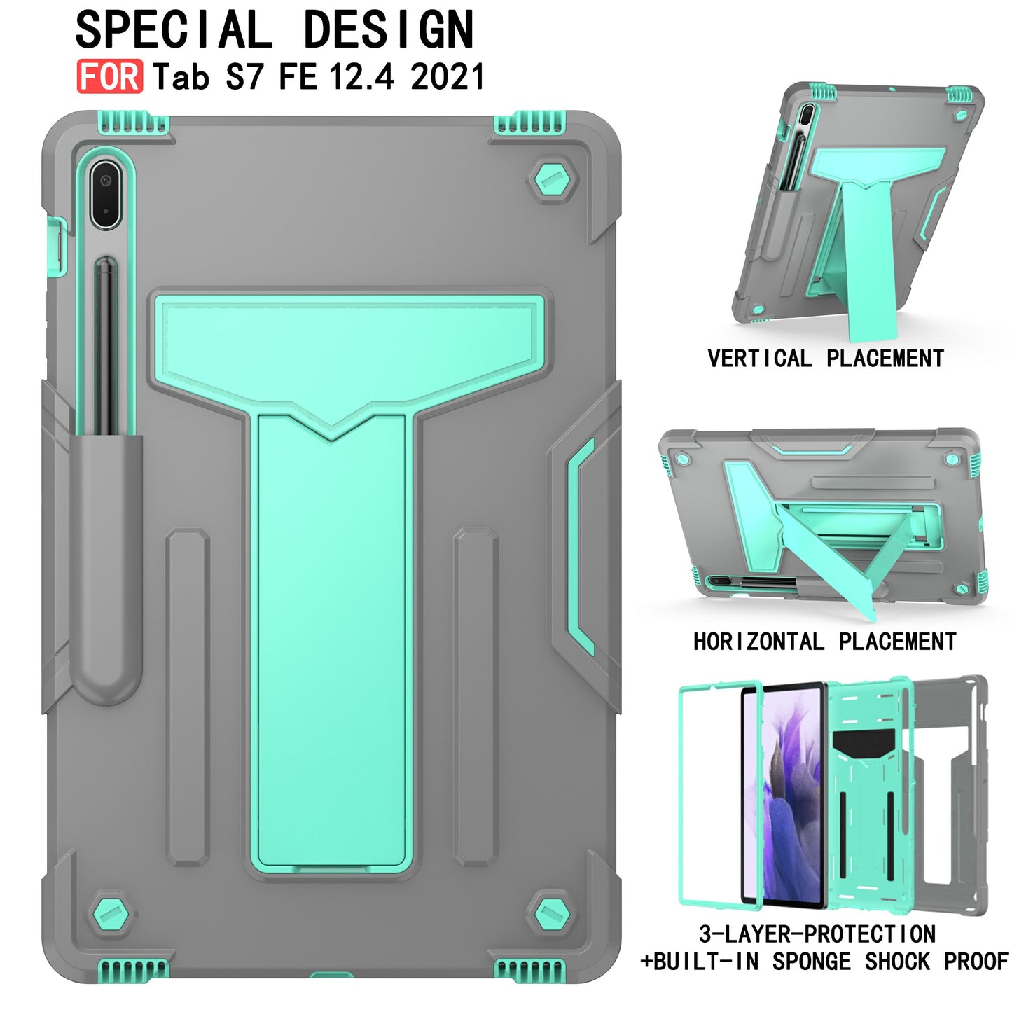 Foldable T-shaped Kickstand PC Silicone Shock-Proof Cover Protector for Samsung Galaxy Tab S7 FE