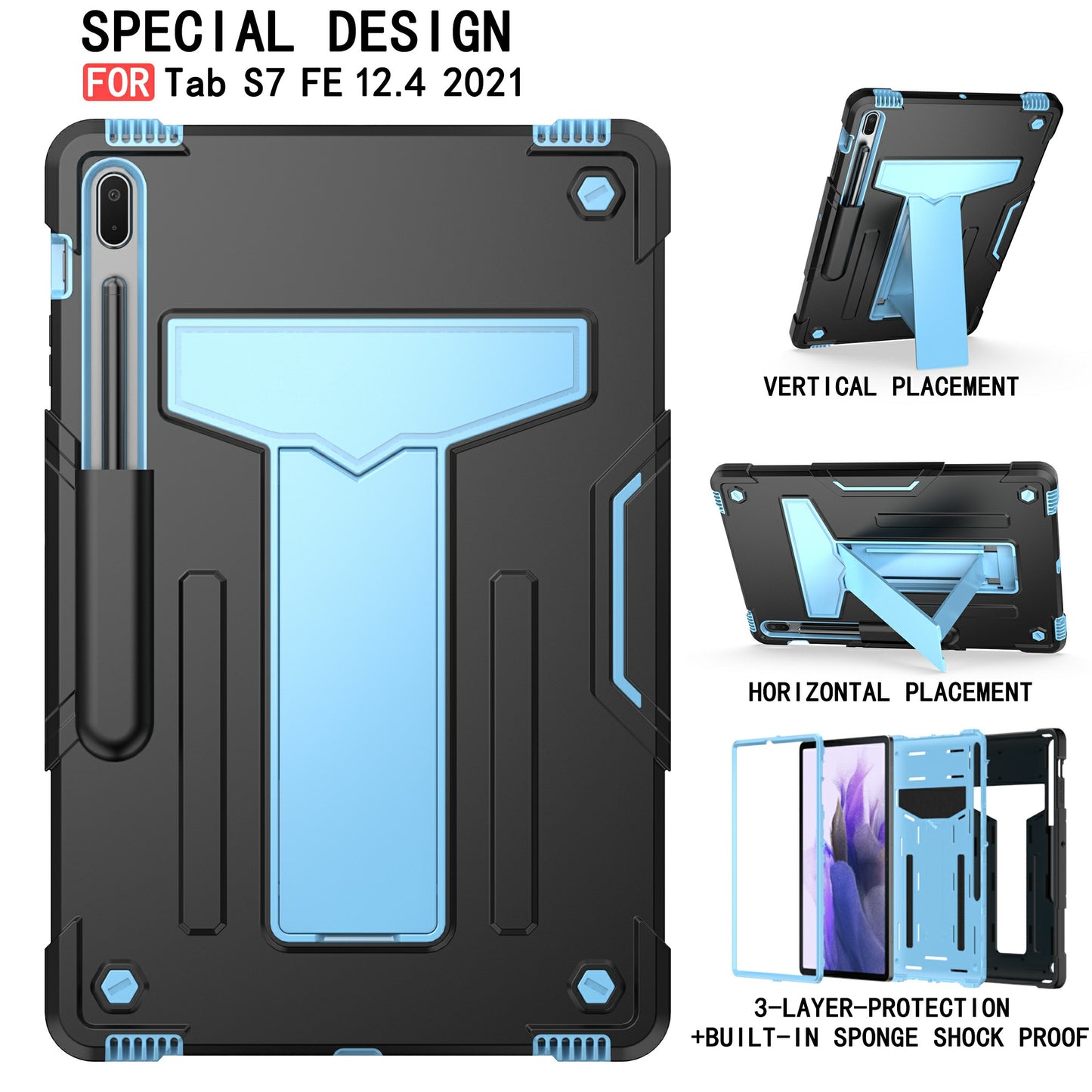 Foldable T-shaped Kickstand PC Silicone Shock-Proof Cover Protector for Samsung Galaxy Tab S7 FE