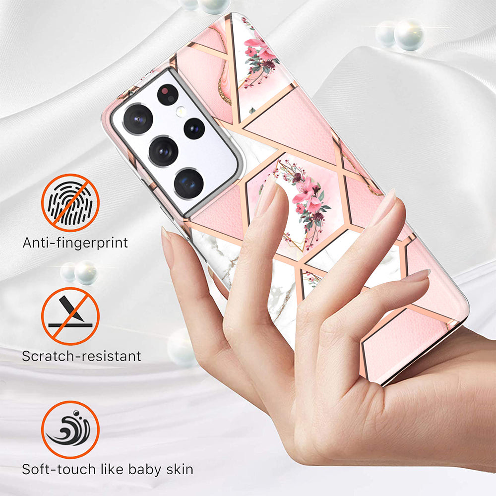 2.0mm IMD IML Electroplating Marble TPU Phone Back Case with Flower Pattern for Samsung Galaxy S21 Ultra 5G