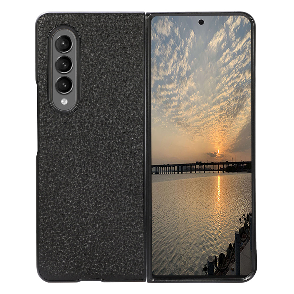 Litchi Texture Genuine Leather Coated PC Phone Case Protector for Samsung Galaxy Z Fold3 5G