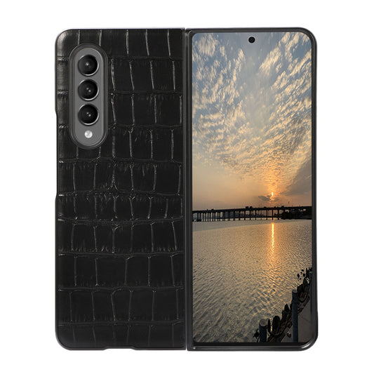 Crocodile Skin Genuine Leather + PC Hybrid Phone Back Case for Samsung Galaxy Z Fold3 5G