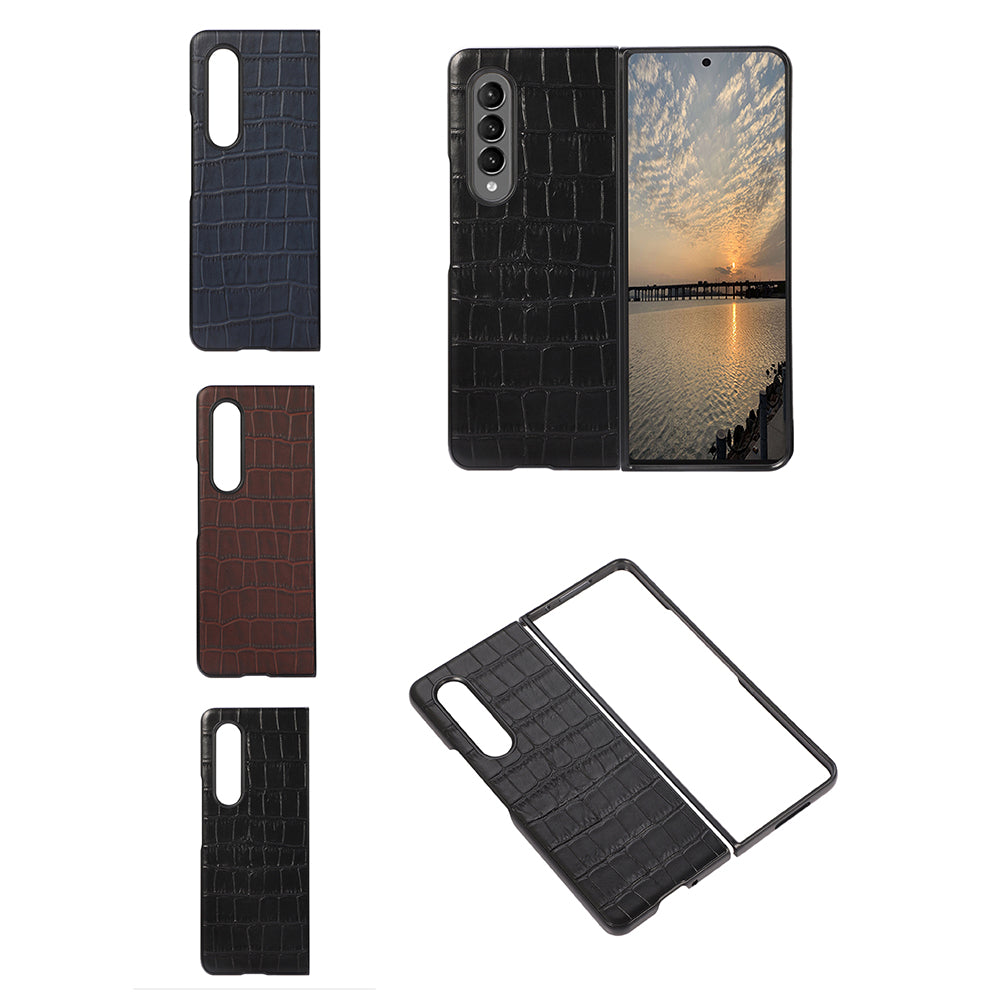 Crocodile Skin Genuine Leather + PC Hybrid Phone Back Case for Samsung Galaxy Z Fold3 5G