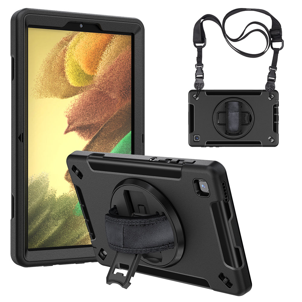 Triple Layer Design Hard PC + TPU Shockproof Protective Case with Rotatable Kickstand and Shoulder Strap Support Pencil Charging for Samsung Galaxy Tab A7 Lite 8.7-inch / SM-T220 (Wi-Fi) / SM-T225 (2021)