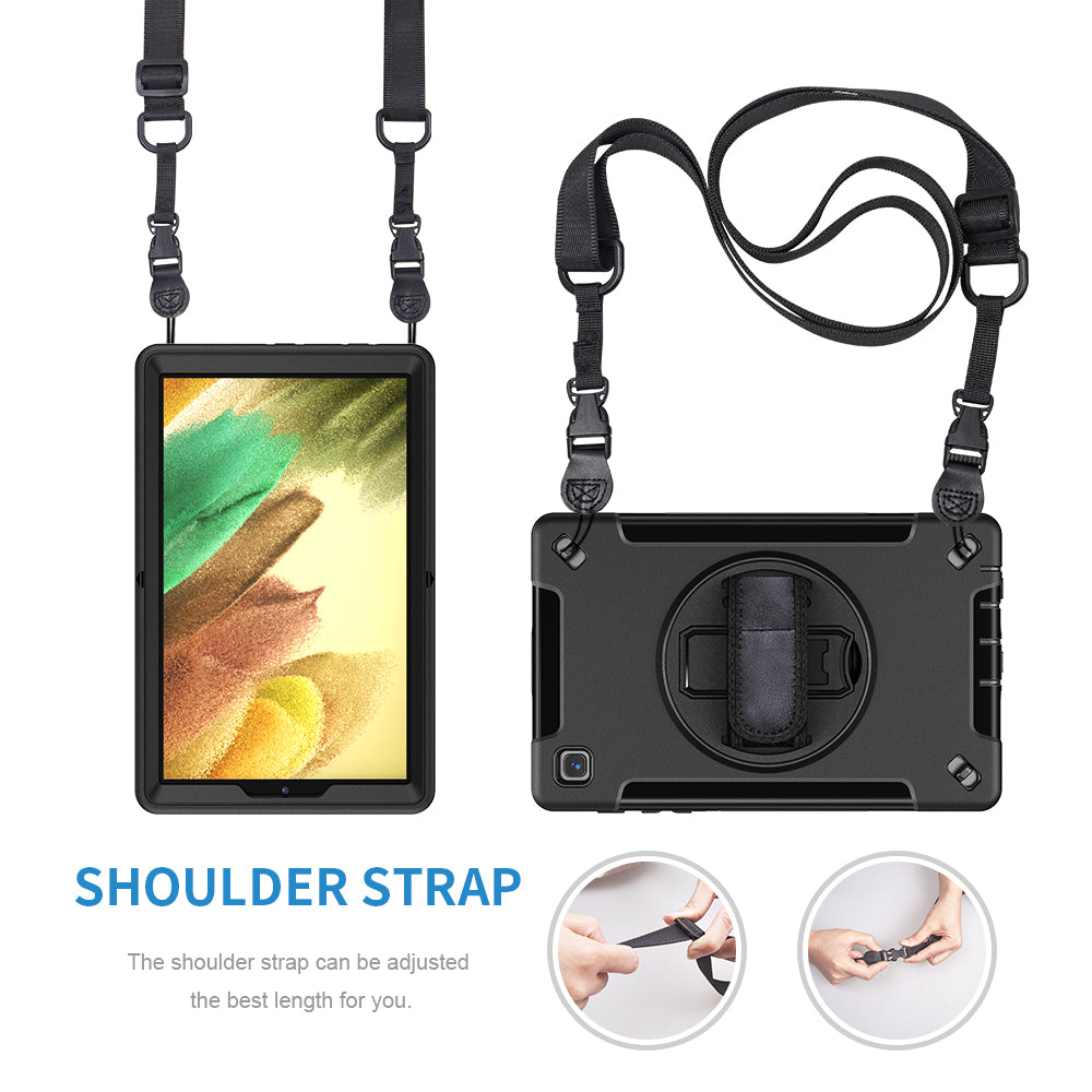 Triple Layer Design Hard PC + TPU Shockproof Protective Case with Rotatable Kickstand and Shoulder Strap Support Pencil Charging for Samsung Galaxy Tab A7 Lite 8.7-inch / SM-T220 (Wi-Fi) / SM-T225 (2021)