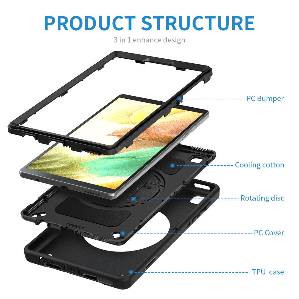 Triple Layer Design Hard PC + TPU Shockproof Protective Case with Rotatable Kickstand and Shoulder Strap Support Pencil Charging for Samsung Galaxy Tab A7 Lite 8.7-inch / SM-T220 (Wi-Fi) / SM-T225 (2021)