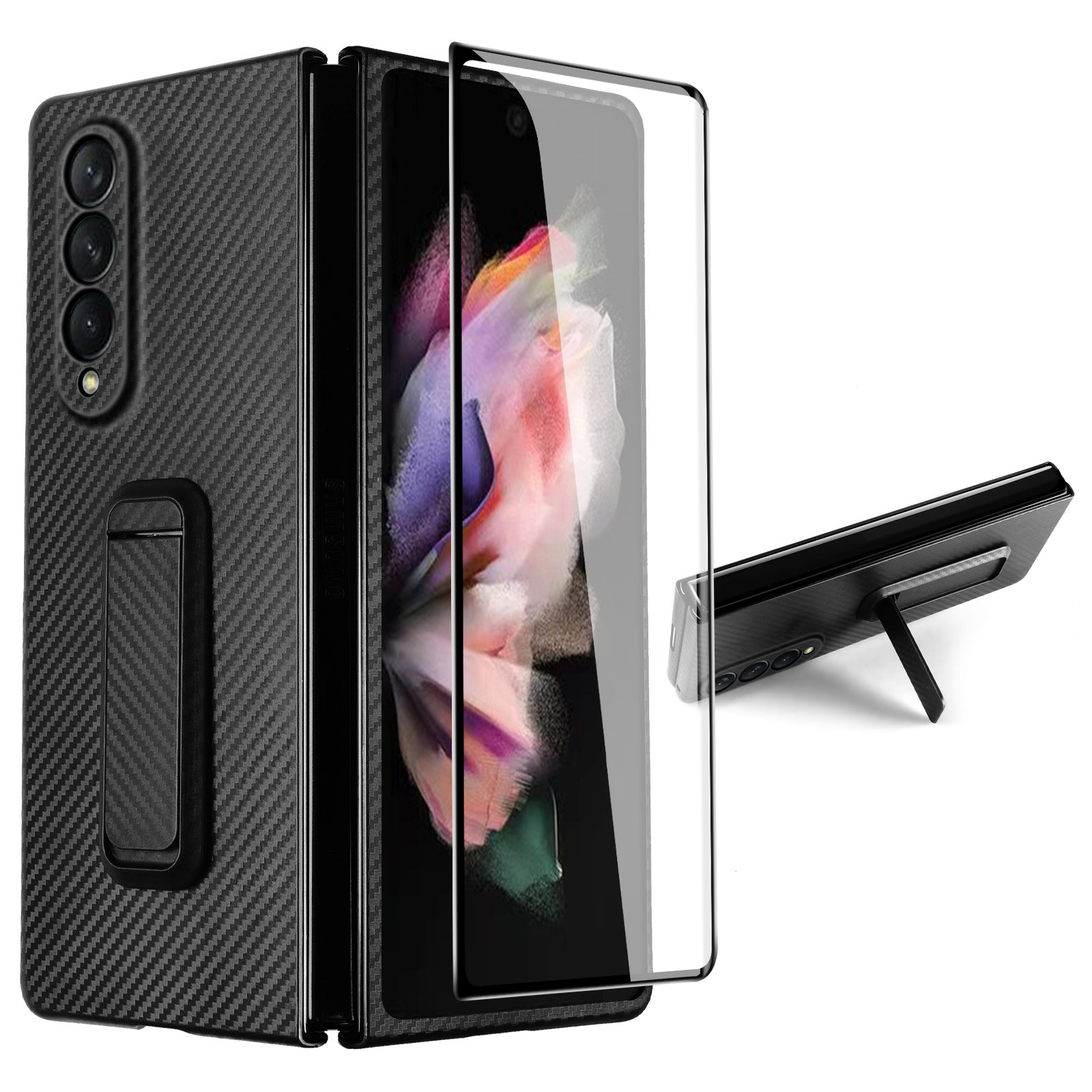 Anti-Scratch Reinforced Corner Premium PU Leather + PC Hybrid Defender Protective Shockproof Phone Case with Tempered Glass Screen Protector for Samsung Galaxy Z Fold3 5G