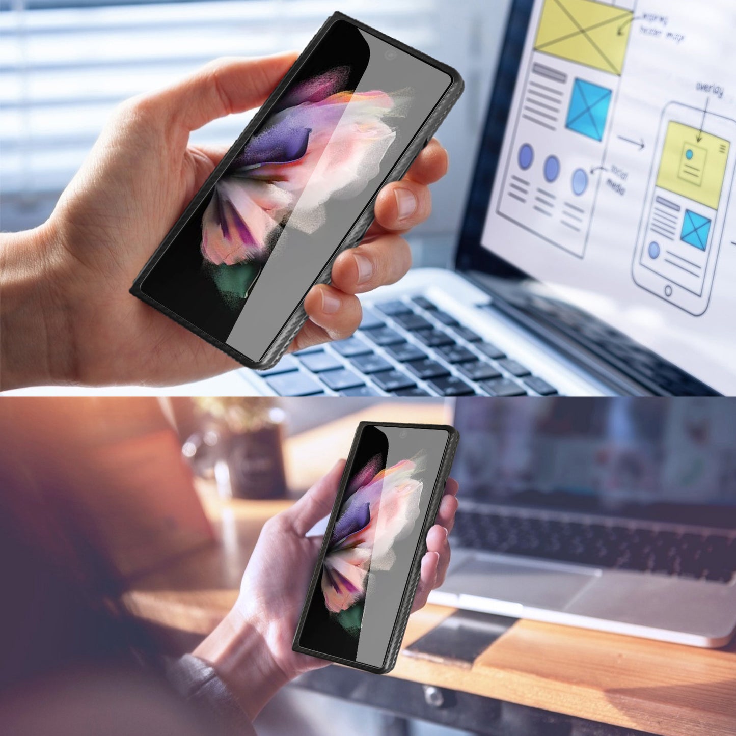 Anti-Scratch Reinforced Corner Premium PU Leather + PC Hybrid Defender Protective Shockproof Phone Case with Tempered Glass Screen Protector for Samsung Galaxy Z Fold3 5G