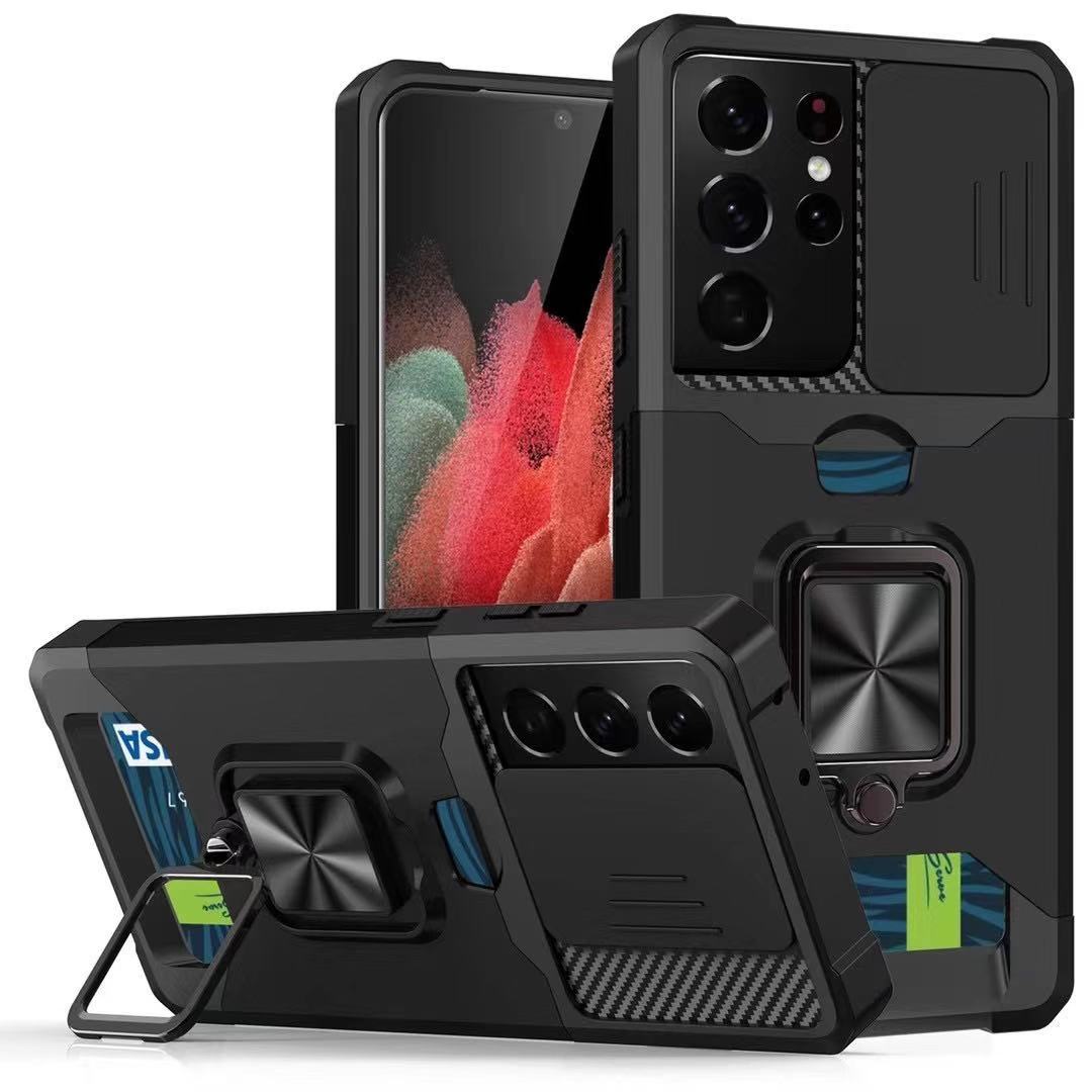 Drop-Proof Hybrid Phone Case Camera Slider Cover Shell with Card Holder for Samsung Galaxy S21 Ultra 5G
