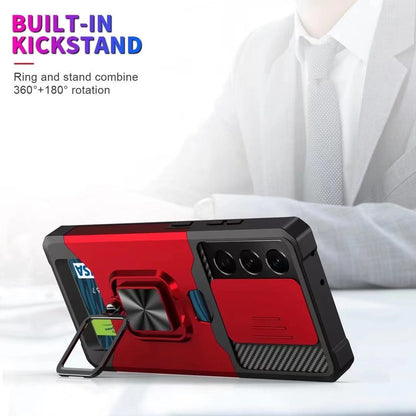 Drop-Proof Hybrid Phone Case Camera Slider Cover Shell with Card Holder for Samsung Galaxy S21 Ultra 5G