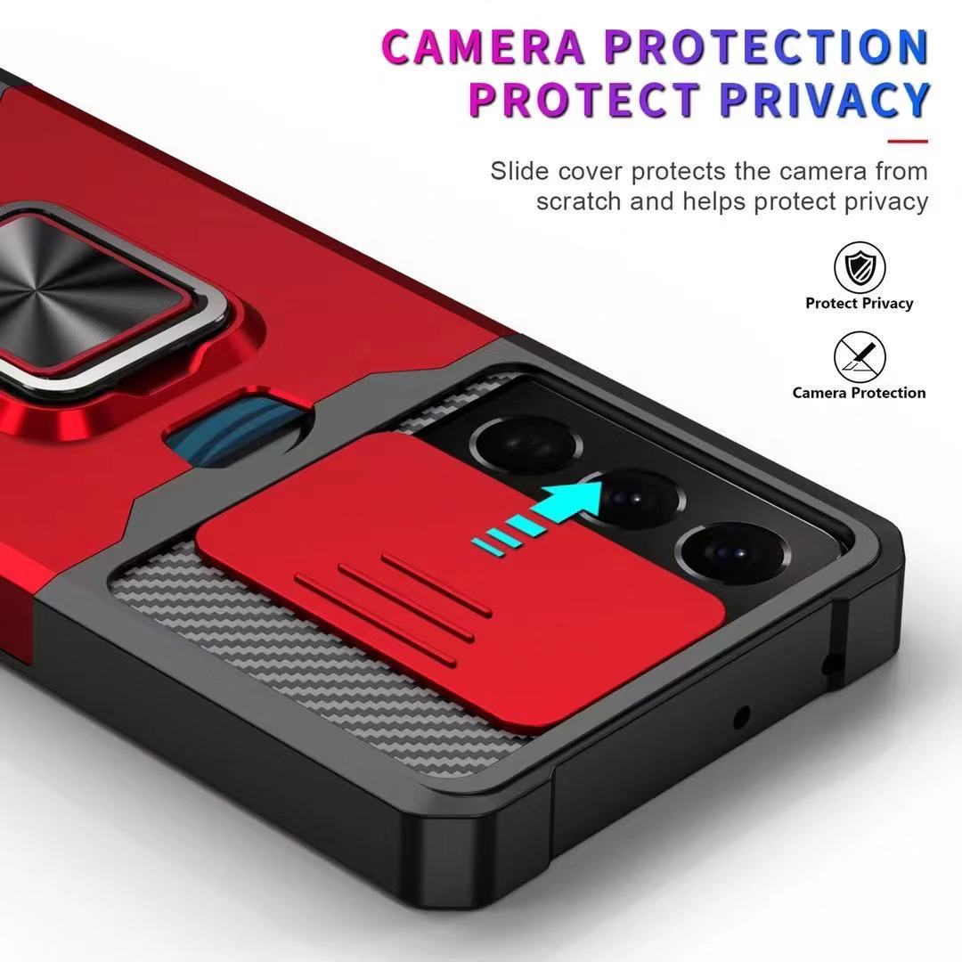 Drop-Proof Hybrid Phone Case Camera Slider Cover Shell with Card Holder for Samsung Galaxy S21 Ultra 5G