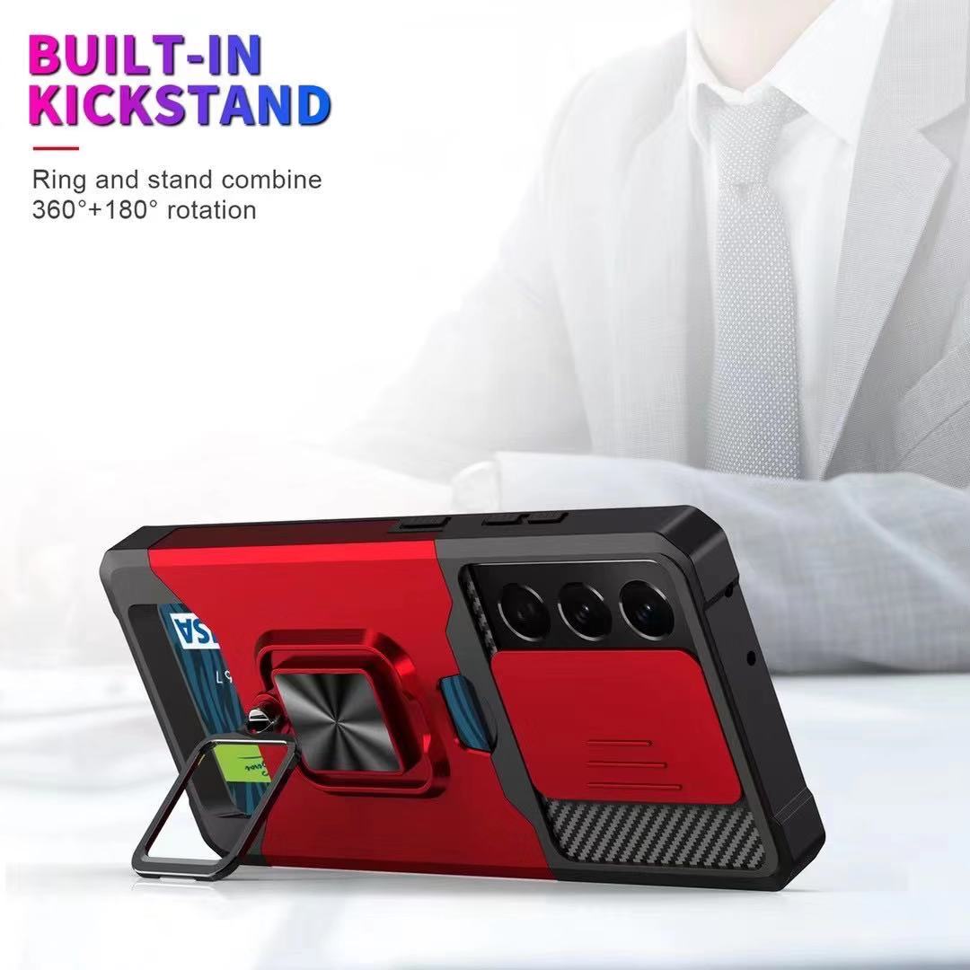 Drop-Proof Hybrid Phone Case Camera Slider Cover Shell with Card Holder for Samsung Galaxy S21 Ultra 5G