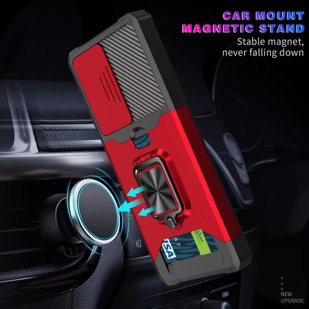 Drop-Proof Hybrid Phone Case Camera Slider Cover Shell with Card Holder for Samsung Galaxy S21 Ultra 5G