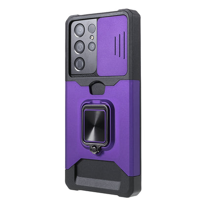 Drop-Proof Hybrid Phone Case Camera Slider Cover Shell with Card Holder for Samsung Galaxy S21 Ultra 5G