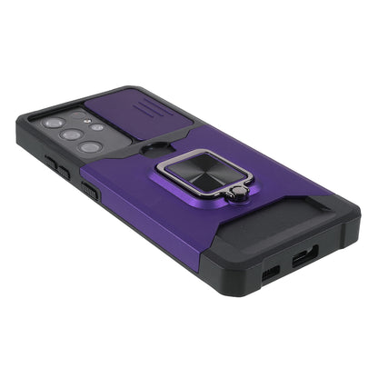 Drop-Proof Hybrid Phone Case Camera Slider Cover Shell with Card Holder for Samsung Galaxy S21 Ultra 5G