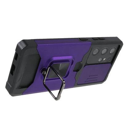 Drop-Proof Hybrid Phone Case Camera Slider Cover Shell with Card Holder for Samsung Galaxy S21 Ultra 5G