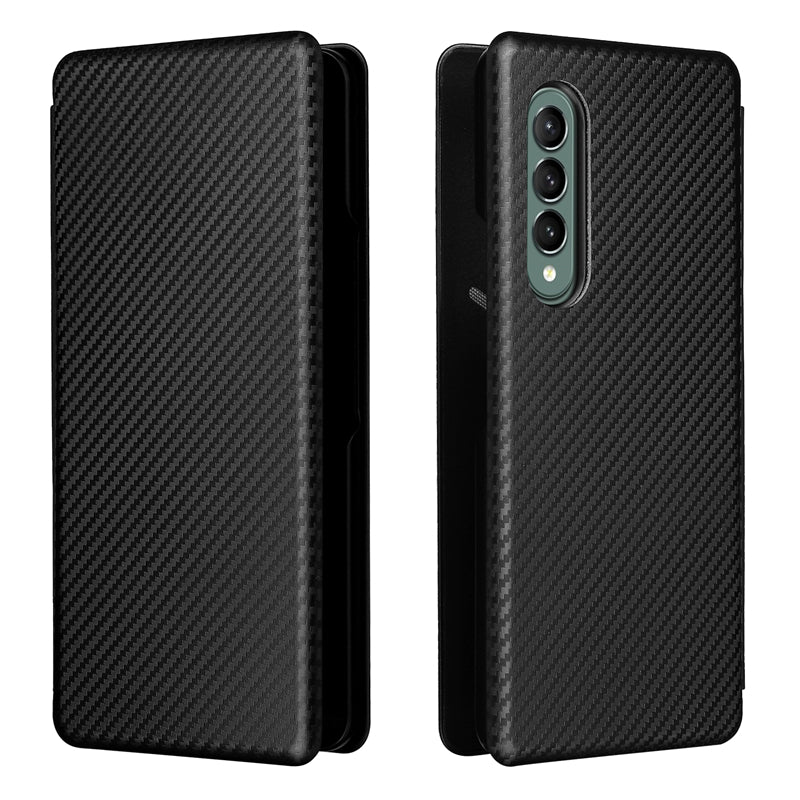 For Galaxy Z Fold3 5G Leather Phone Case Carbon Fiber Absorption Magnetic Closure with Card Slot and Ring Strap