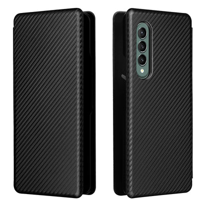 For Galaxy Z Fold3 5G Leather Phone Case Carbon Fiber Absorption Magnetic Closure with Card Slot and Ring Strap