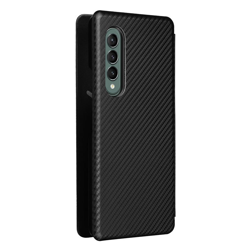 For Galaxy Z Fold3 5G Leather Phone Case Carbon Fiber Absorption Magnetic Closure with Card Slot and Ring Strap