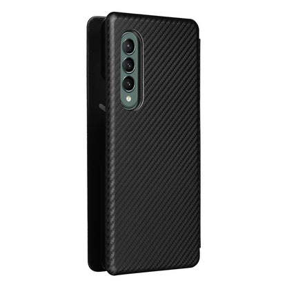 For Galaxy Z Fold3 5G Leather Phone Case Carbon Fiber Absorption Magnetic Closure with Card Slot and Ring Strap
