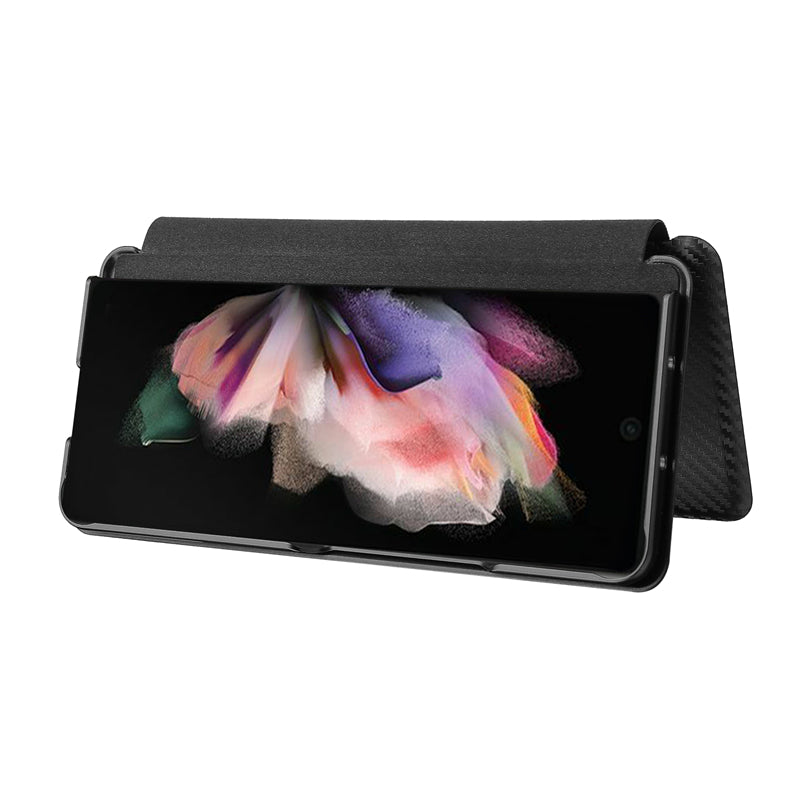 For Galaxy Z Fold3 5G Leather Phone Case Carbon Fiber Absorption Magnetic Closure with Card Slot and Ring Strap