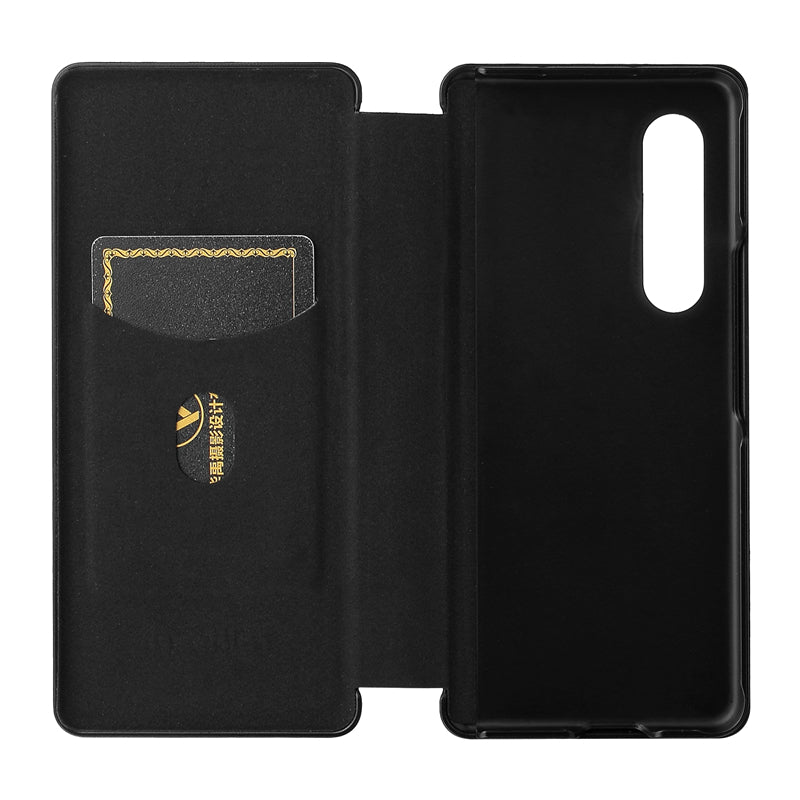 For Galaxy Z Fold3 5G Leather Phone Case Carbon Fiber Absorption Magnetic Closure with Card Slot and Ring Strap